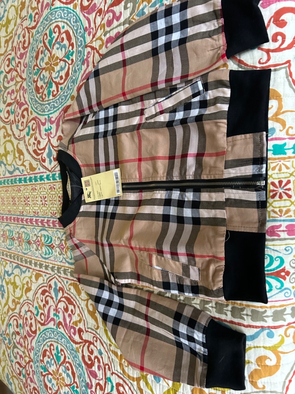 Burberry Kids Tan Black Red Check Cotton Jean Jacket